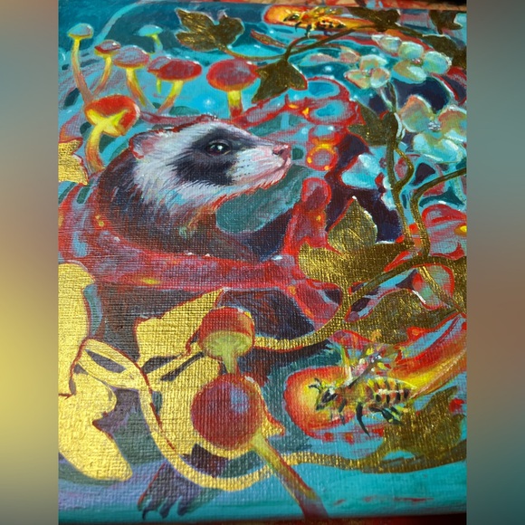 Ferret Mushroom Gold Accent Painting Original Art honeybee Artwork Artettina USA - Picture 3 of 11